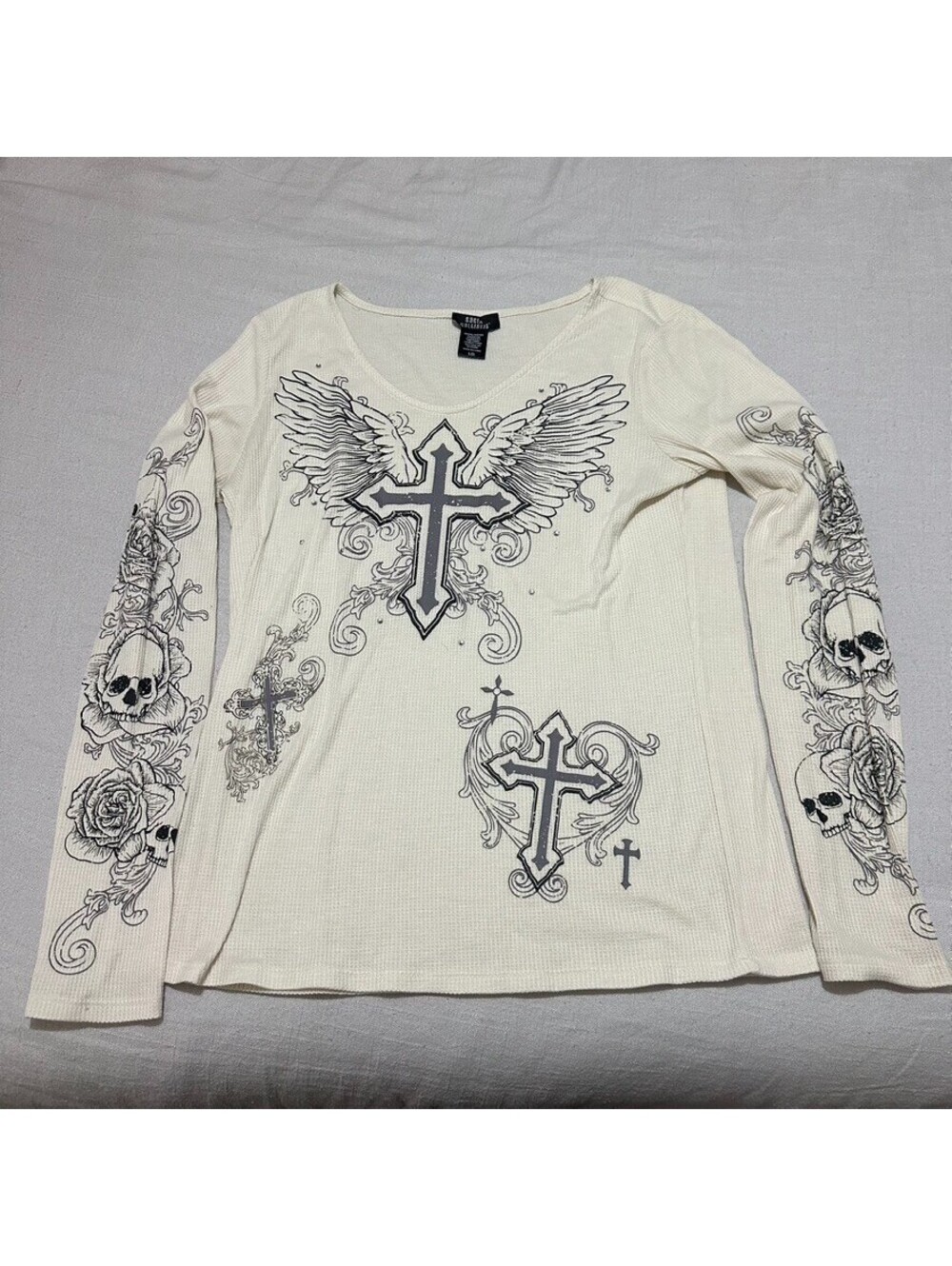 Social Collision Long Sleeve Thermal Top Ivory Black Skull Cross White Large L